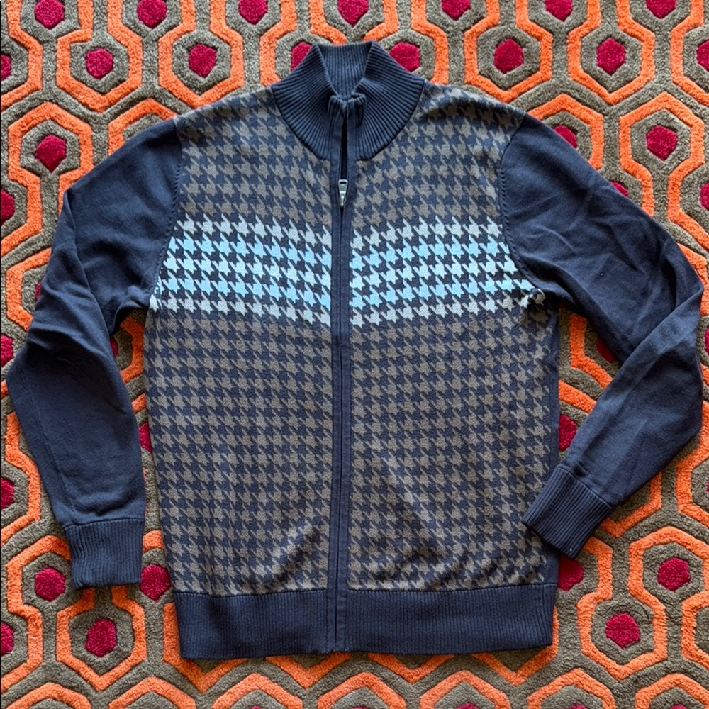 Ben Sherman Houndstooth Dogtooth Brown Zip Up Sweater Men's Medium